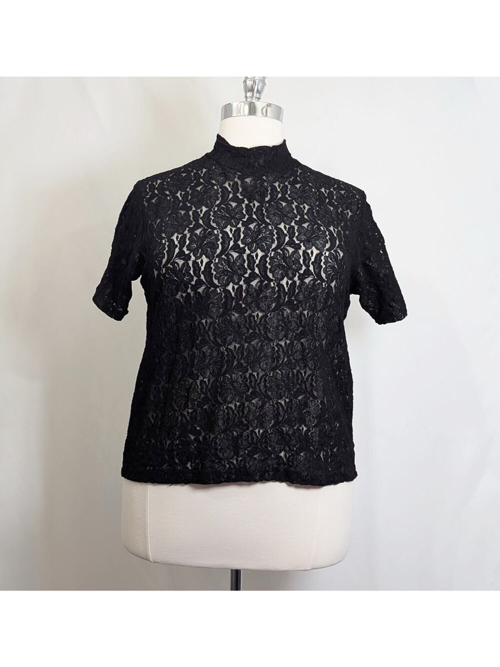 Vintage 90s Y2K Top Women's Size 18/20 Black Lace Mock Neck Sheer Poetcore